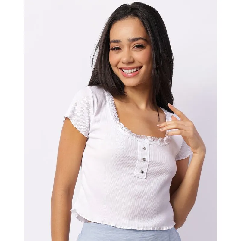 Blusa Feminina Cropped Canelada Detalhe Renda Branca GG