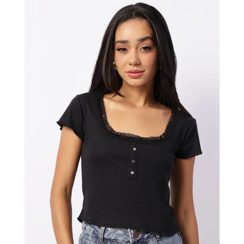 Blusa Feminina Cropped Canelada Detalhe Renda Preta G