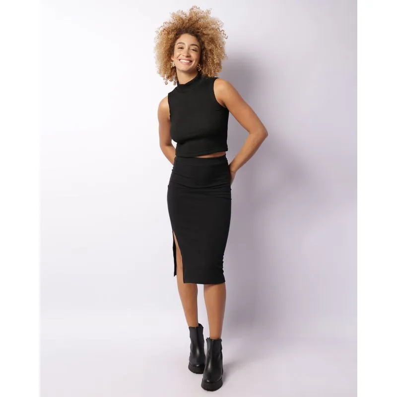 Saia Feminina Midi Canelada Com Fenda Preta GG