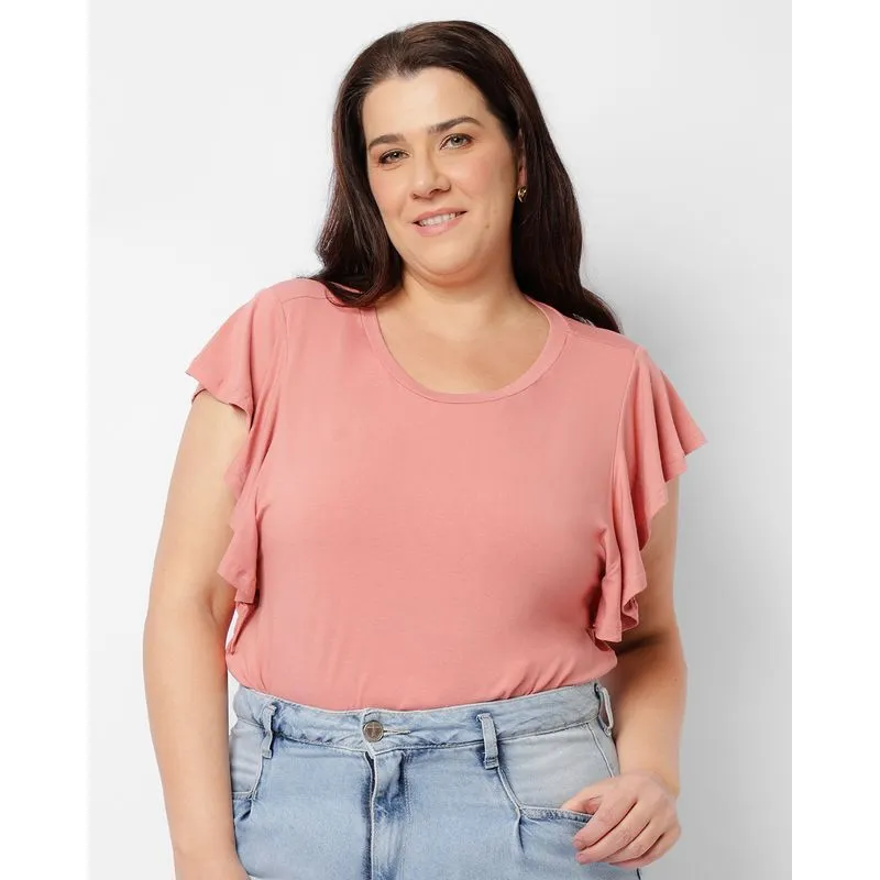 Blusa Plus Size Feminina Manga Curta Com Babado Rosa G3