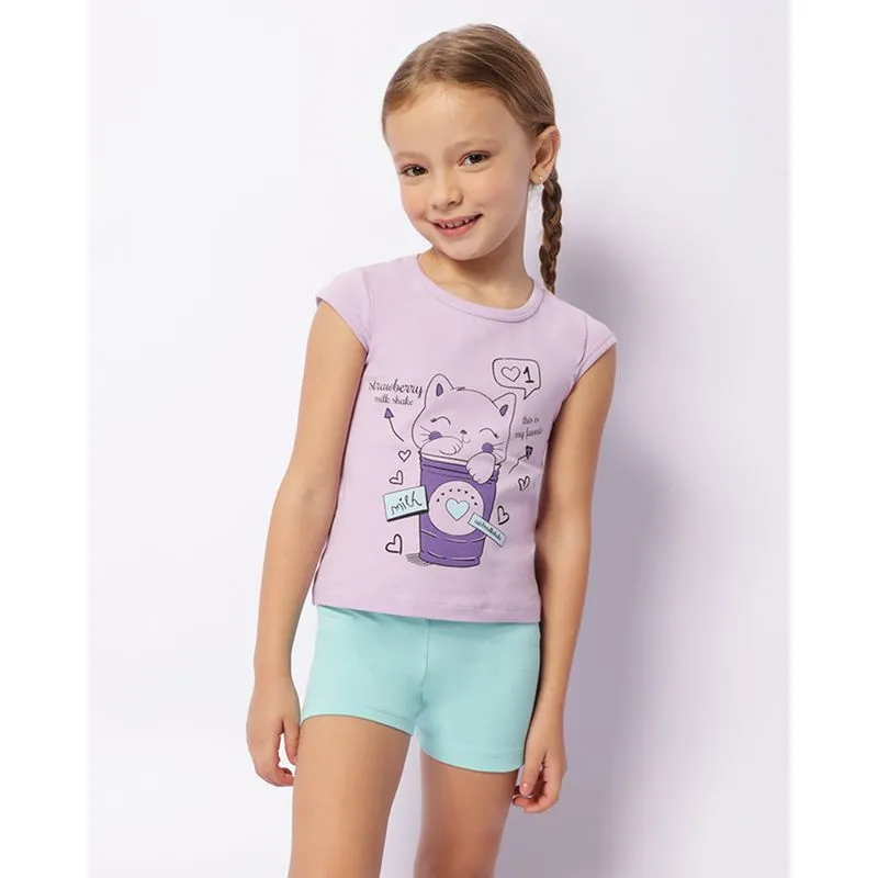 Conjunto Infantil Curto Estampa Frontal Gatinho Lilás 8