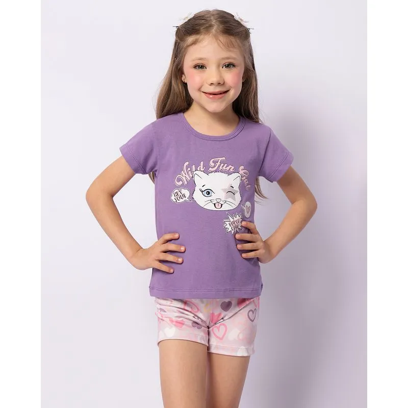 Conjunto Infantil Estampa Gatinho Manga Curta Roxo 4