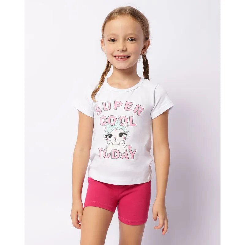 Conjunto Infantil Curto Estampa Frontal Gatinho Branco 8