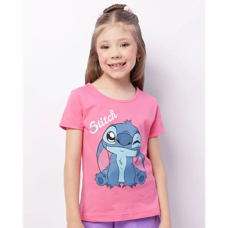 Camiseta Infantil Disney Stitch Manga Curta Rosa 4