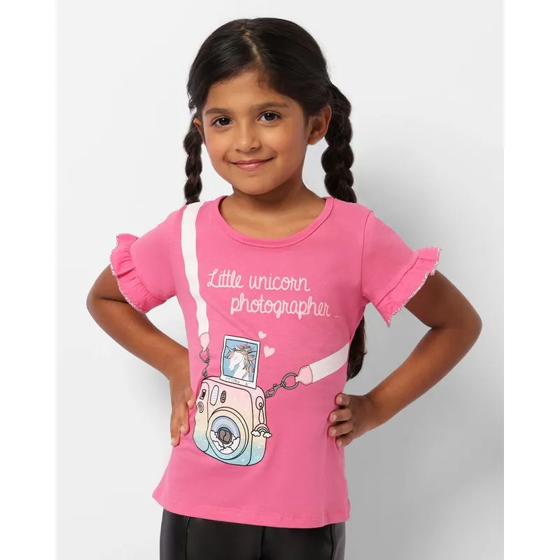 Blusa Infantil Estampa Unicórnio Manga Curta Com Babado Lurex Rosa 6