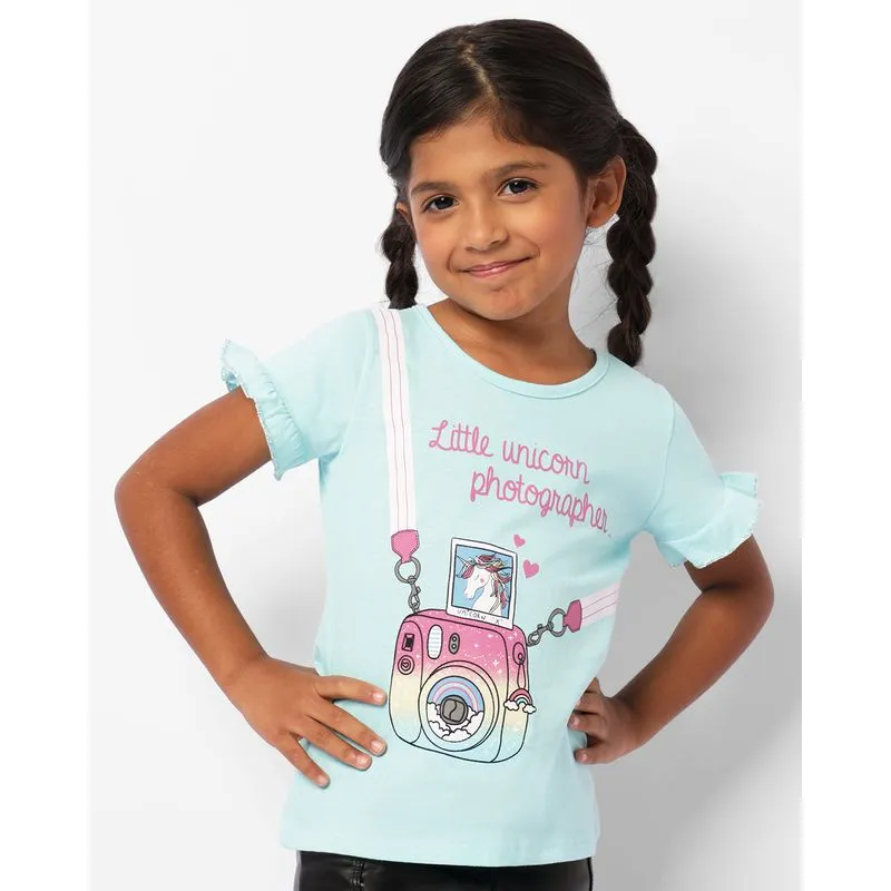 Blusa Infantil Estampa Unicórnio Manga Curta Com Babado Lurex Azul 4