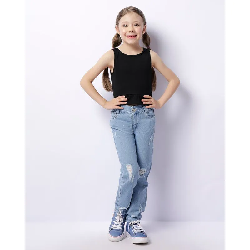 Calça Jeans Infantil Reta Com Puídos Strass Azul 8