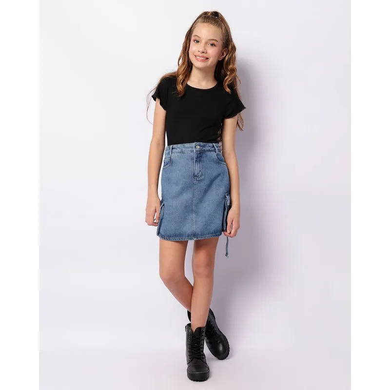 Saia Jeans Juvenil Curta Bolso Cargo Azul 12