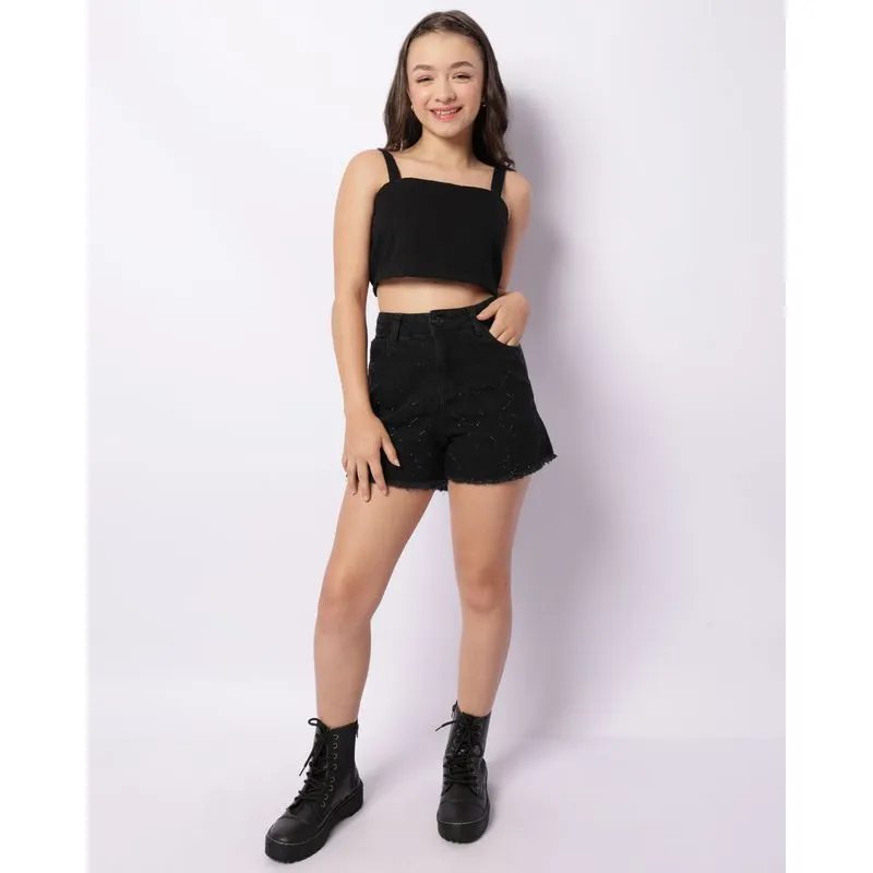 Short Jeans Juvenil Curto Aplicação Strass Preto 12
