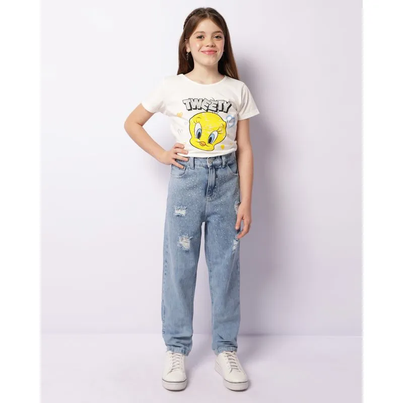 Calça Jeans Juvenil Reta Destroyed Com Strass Azul 12