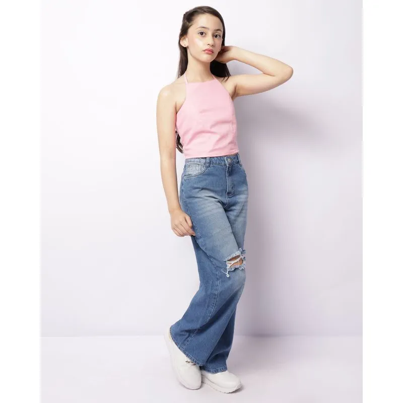 Calça Jeans Juvenil Wide Leg Destroyed Azul 16