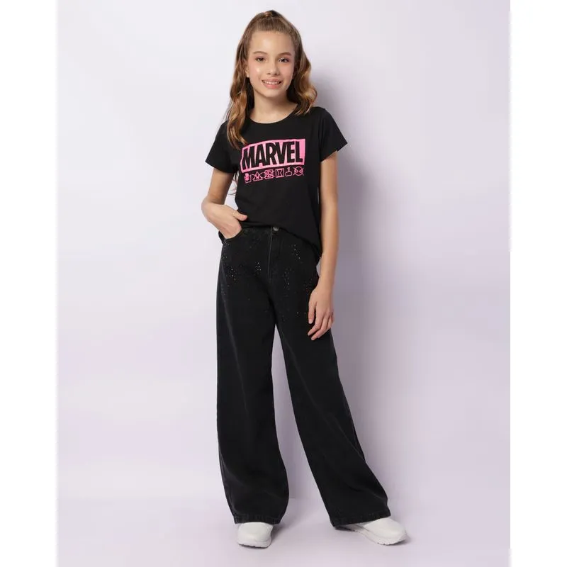 Calça Jeans Juvenil Wide Leg Com Aplicação De Strass Preta 10