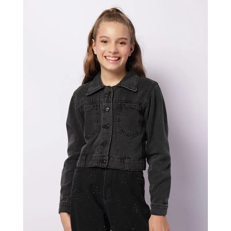 Jaqueta Jeans Juvenil Cropped Com Aplicação Strass Preta 16