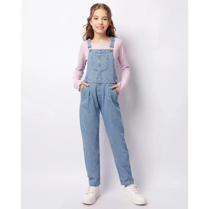 Jardineira Jeans Juvenil Longa Com Bolso Azul 14