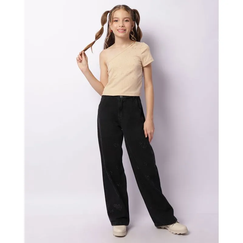 Calça Jeans Juvenil Wide Leg Com Aplicação De Strass Preta 12