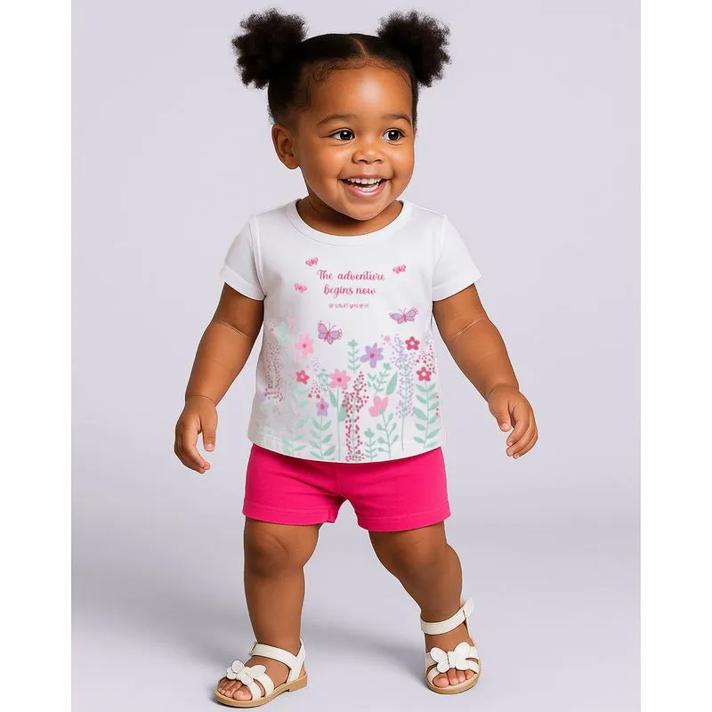 Camiseta Bebê Estampa Flores com Glitter Manga Curta Branca 3