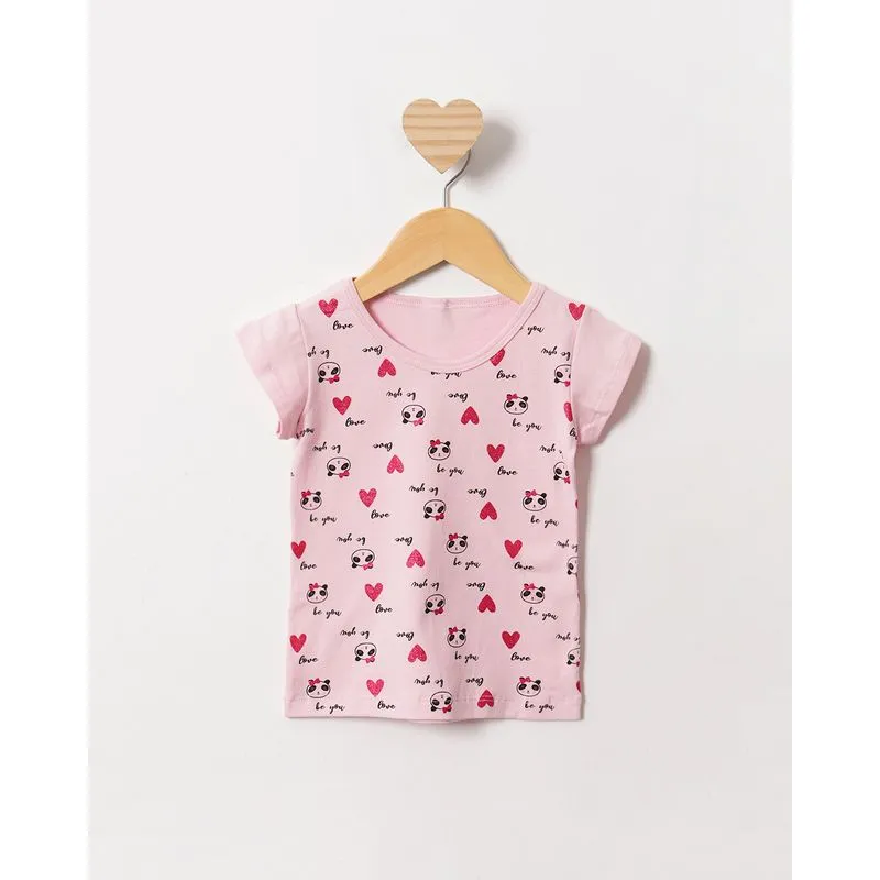 Blusa Bebê Estampa Panda Corações Manga Curta Rosa 3