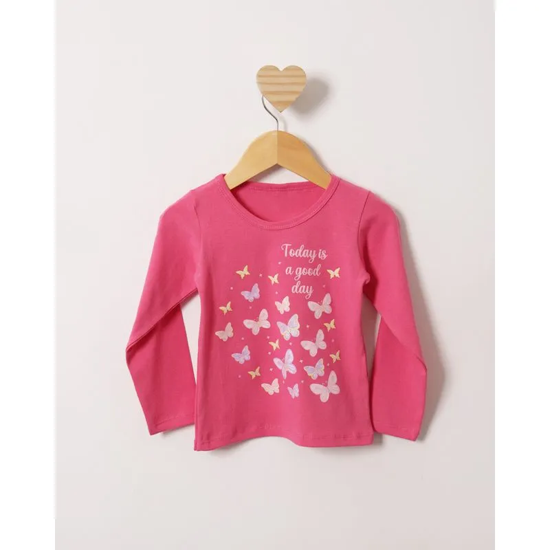 Blusa Bebê Manga Longa Estampa Borboletas Com Glitter Rosa 3