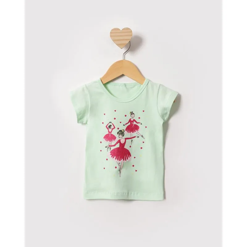 Blusa Bebê Estampa Bailarina Com Glitter Manga Curta Verde 1