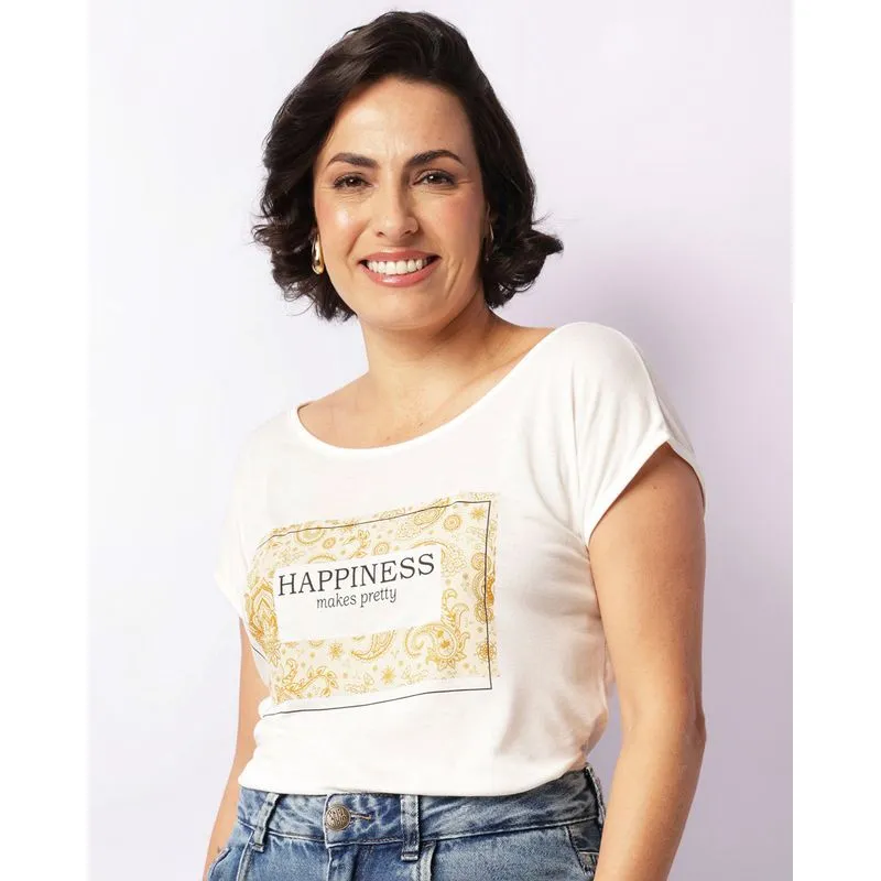 Blusa Feminina Manga Curta Viscose Estampa Frontal Off White G