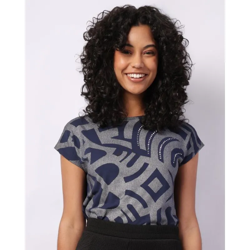 Blusa Feminina Manga Curta Estampada Com Strass Marinho P