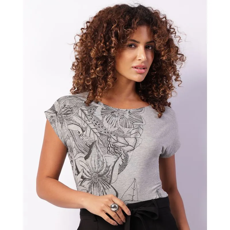 Blusa Feminina Manga Curta Estampa Com Brilho Cinza P