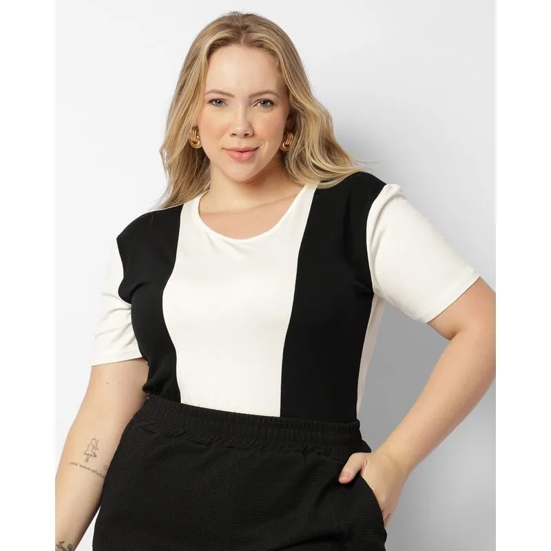 Blusa Plus Size Feminina Recorte Bicolor Off White G3