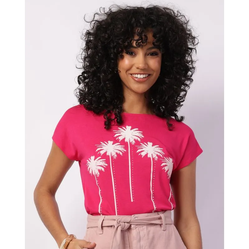 Blusa Feminina Viscose Coqueiro com Strass Rosa G