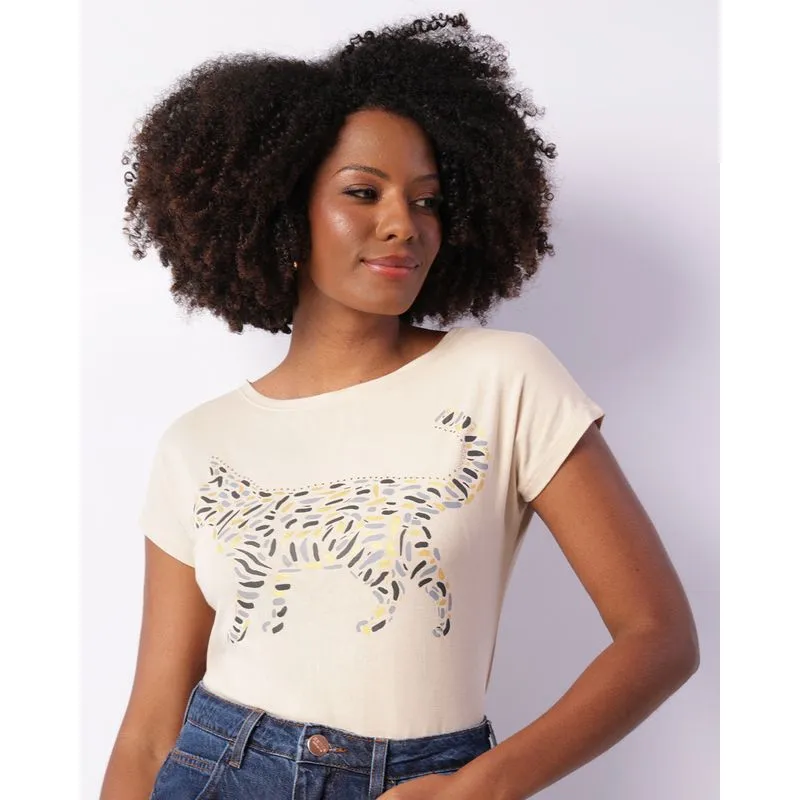 Blusa Feminina Manga Curta Estampa Onça Bege G