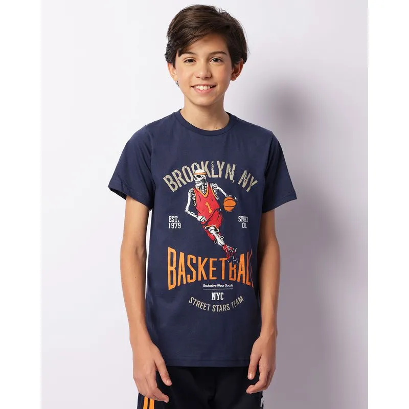 Camiseta Juvenil Estampa Caveira Manga Curta Marinho 12