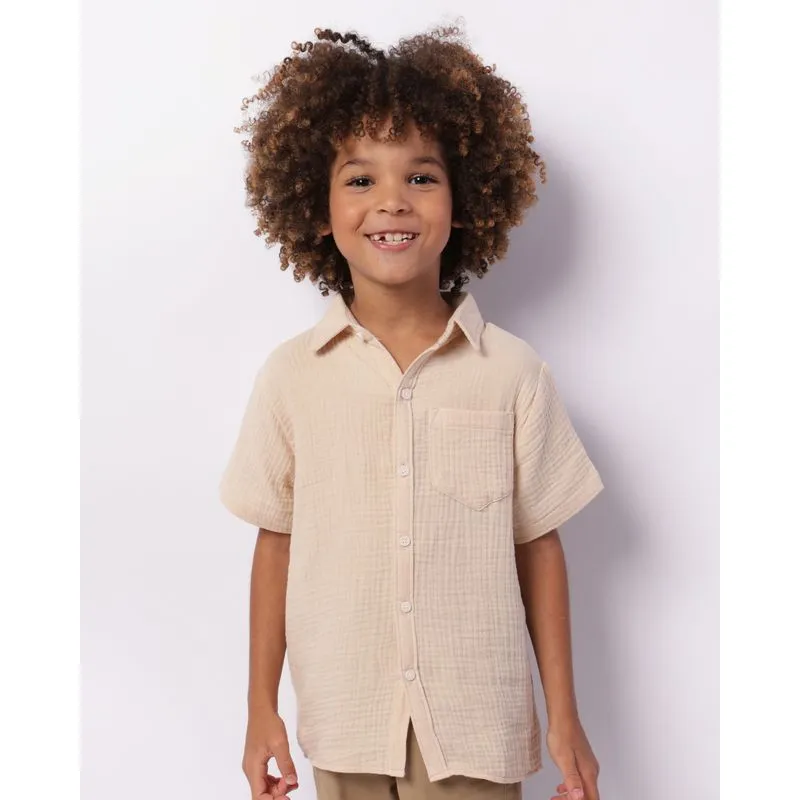 Camisa Infantil Algodão Texturizado com Bolso Bege 4