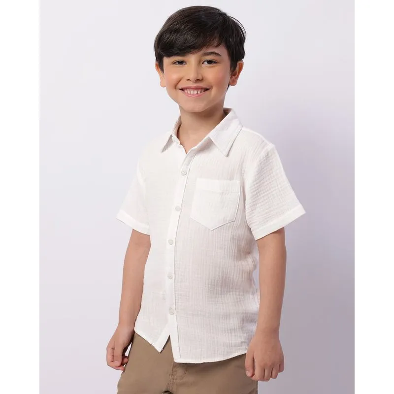 Camisa Infantil Algodão Texturizado Bolso Manga Curta Branca 10