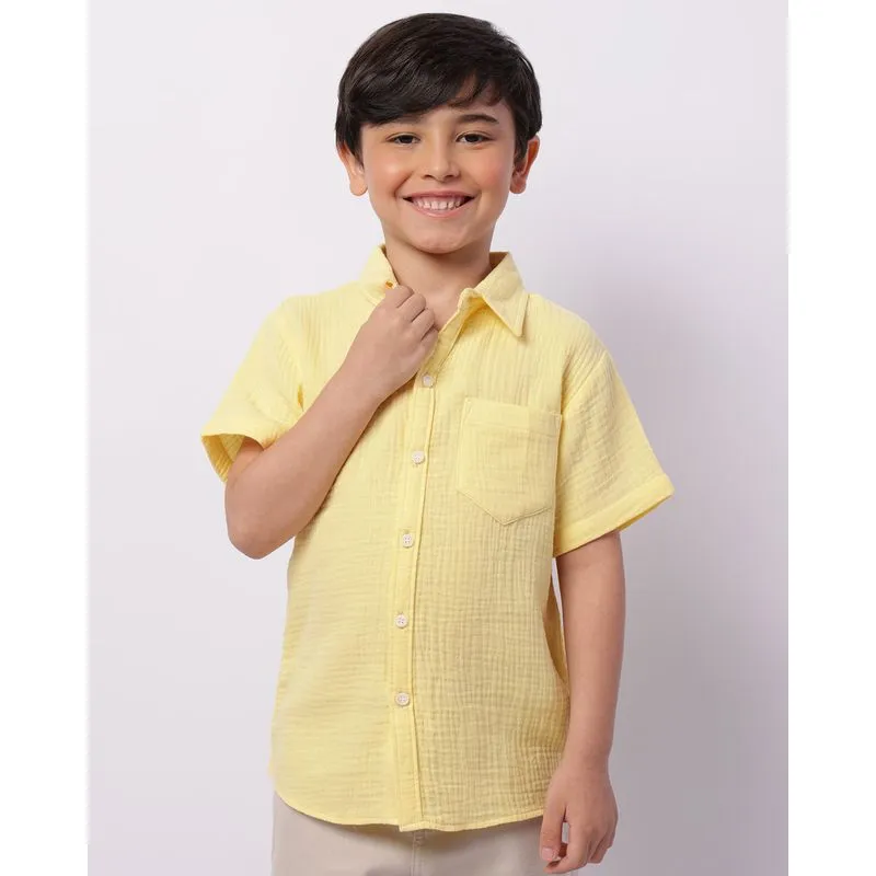 Camisa Infantil Algodão Texturizado Bolso Manga Curta Amarela 8