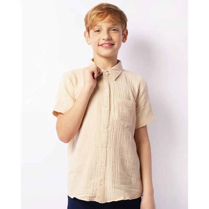 Camisa Juvenil Manga Curta Texturizada Bege 18