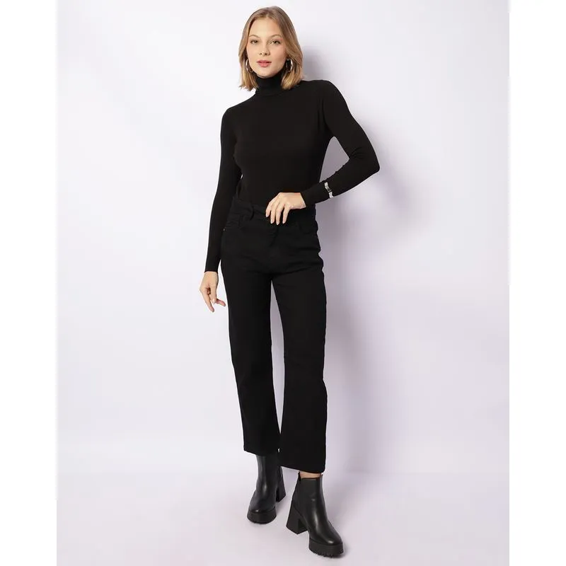 Calça Feminina Sarja Reta Com Bolsos Preta 48
