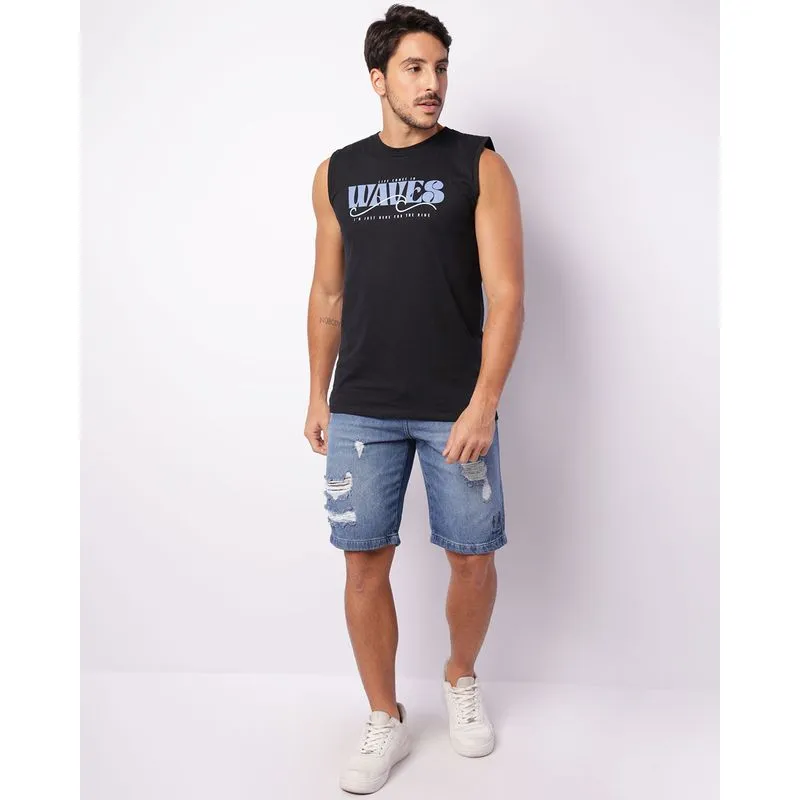 Bermuda Jeans Masculina Reta Gangster Destroyed Azul 48