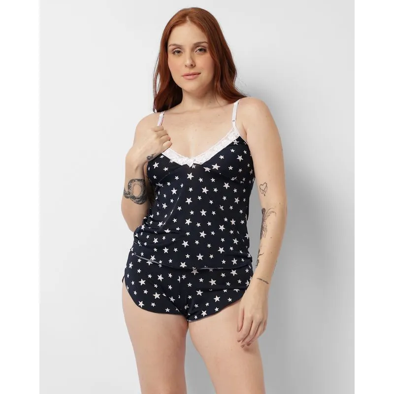 Short Doll Feminino Curto Liganete Estampado Marinho P