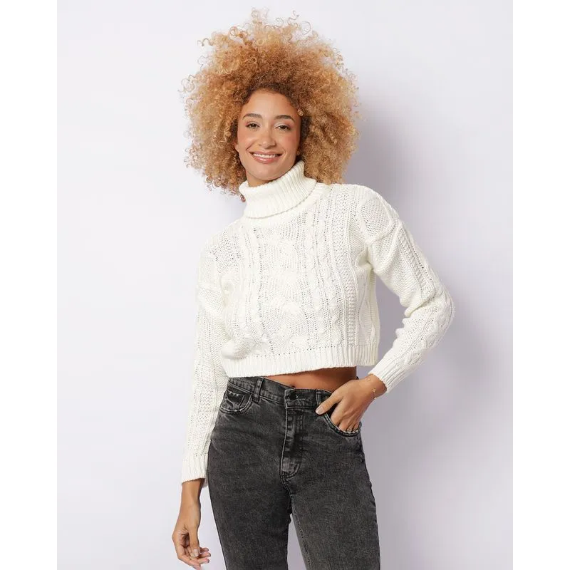 Suéter Feminino Tricô Cropped Gola Alta Off White P