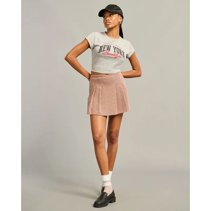 Short Saia Feminino Estampa Xadrez Marrom P