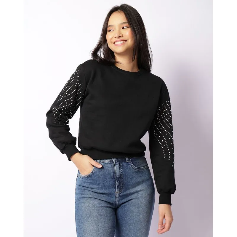 Blusão Moletom Feminino Peluciado Brilhos Nas Mangas Preto GG