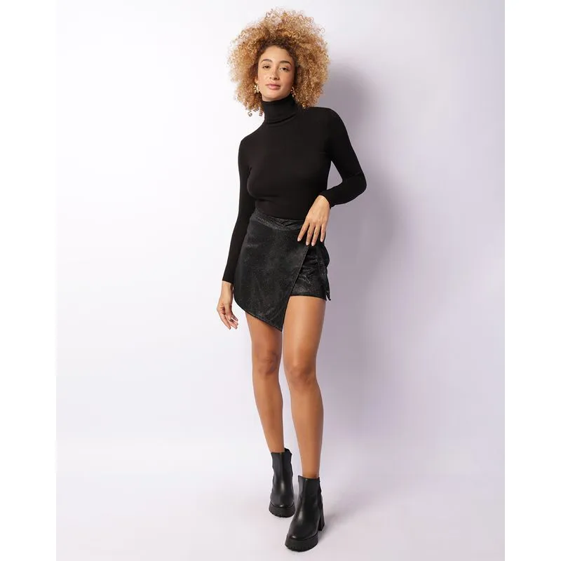 Short Saia Feminino Argola Com Brilho Preta GG