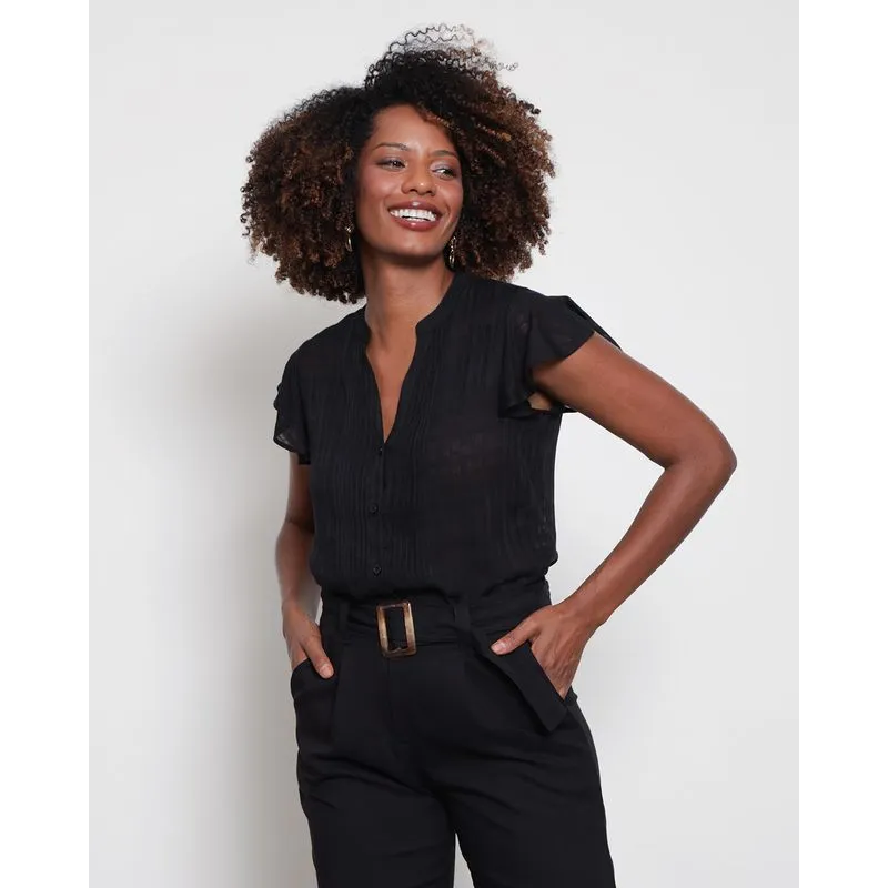 Camisa Feminina Manga Curta Com Babado Viscose Preta GG