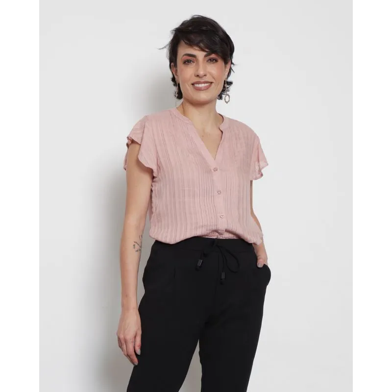 Camisa Feminina Manga Curta Com Babado Viscose Rosa M