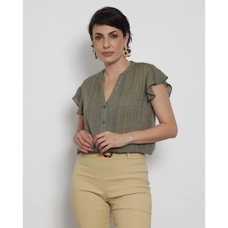 Camisa Feminina Manga Curta Com Babado Viscose Verde P