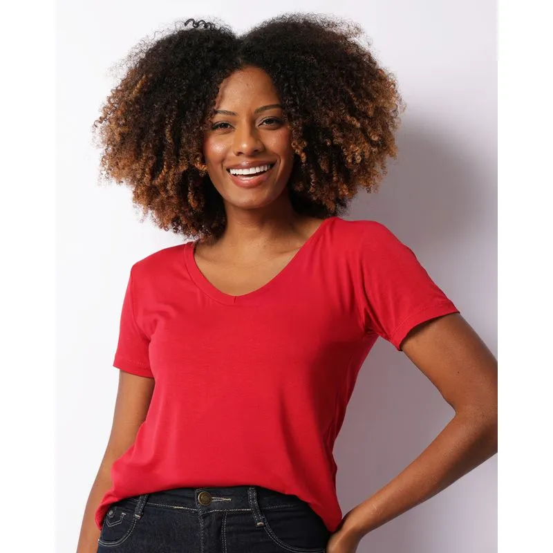 Blusa Feminina Manga Curta Decote V Básica Vermelha GG