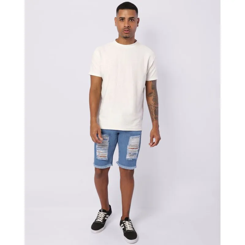 Bermuda Jeans Masculina Reta Com Destroyeds Azul 40