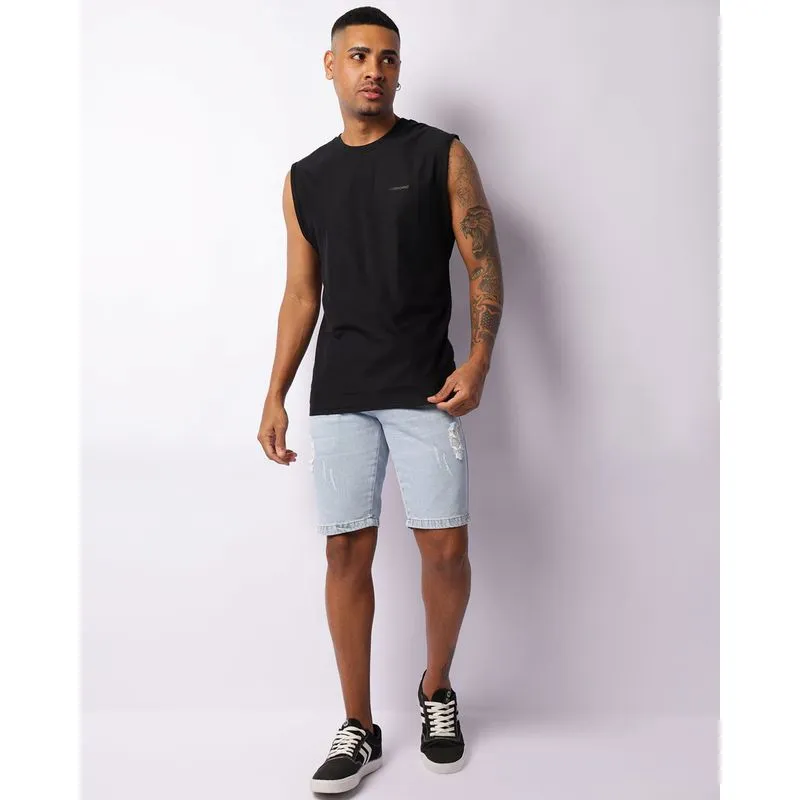 Bermuda Jeans Masculina Reta Com Puídos Azul 46