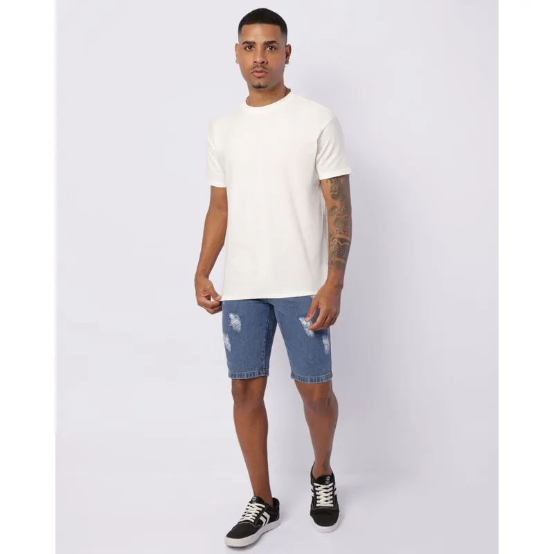 Bermuda Jeans Masculina Reta Com Destroyeds Azul 42