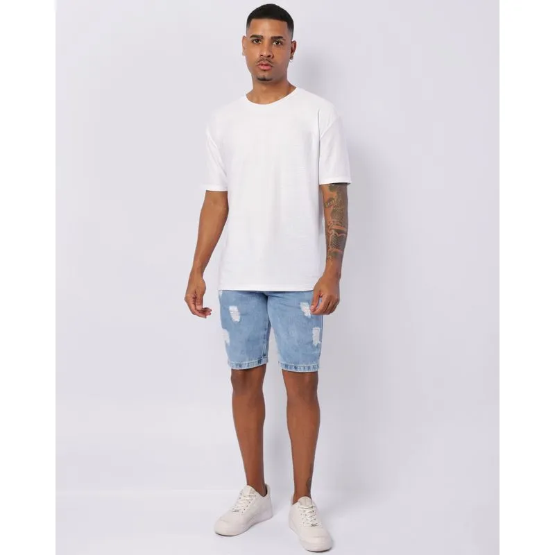Bermuda Jeans Masculina Reta Com Destroyeds Azul 40