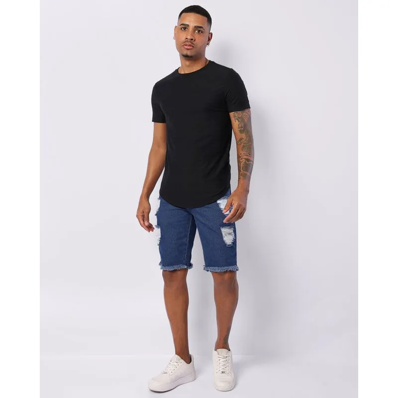 Bermuda Jeans Masculina Reta Destroyed Azul 44